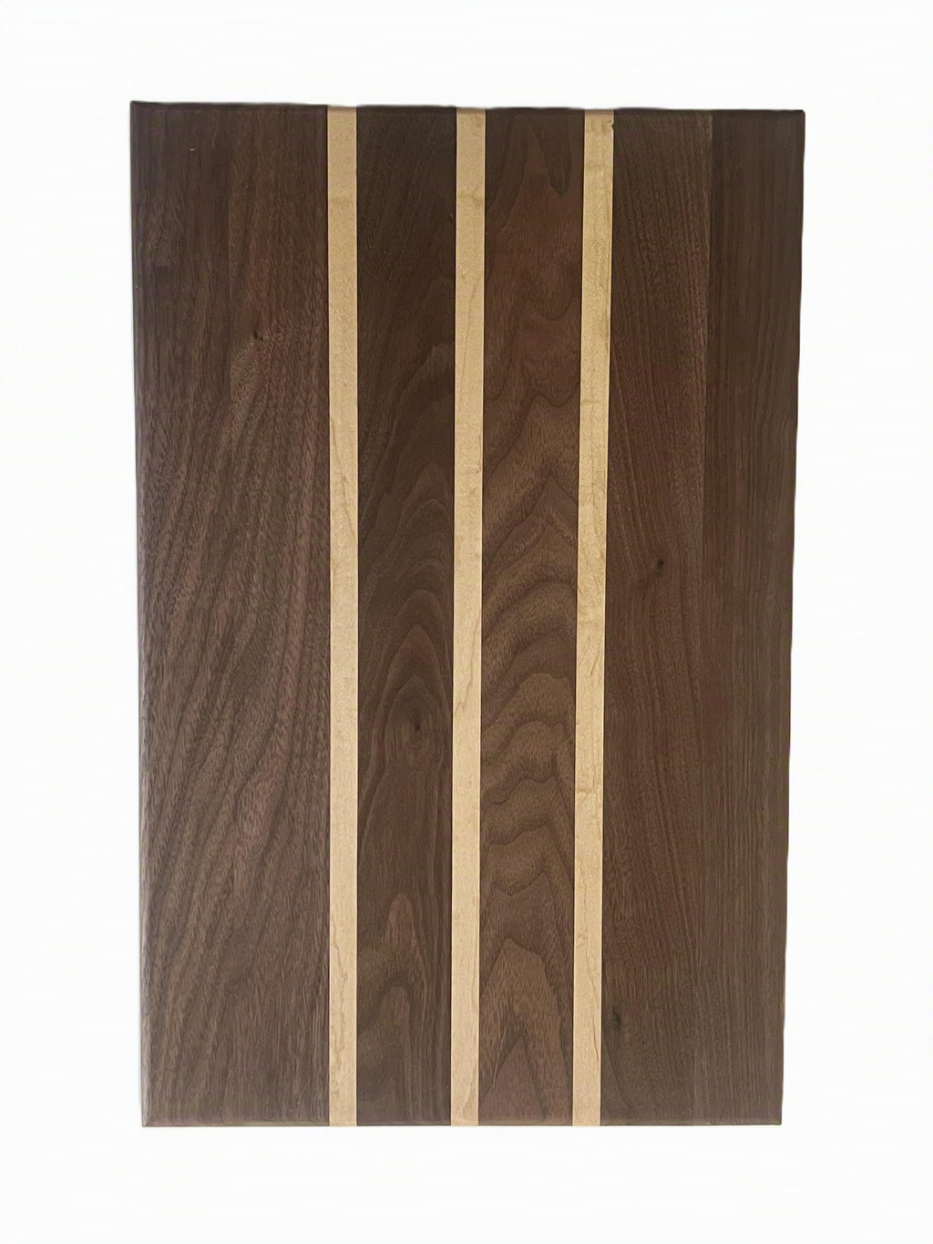 A rectangular cutting board comprised of walnut and maple.  The size is approximately 3/4" x 12" x 18".  Custom sizes are available. 