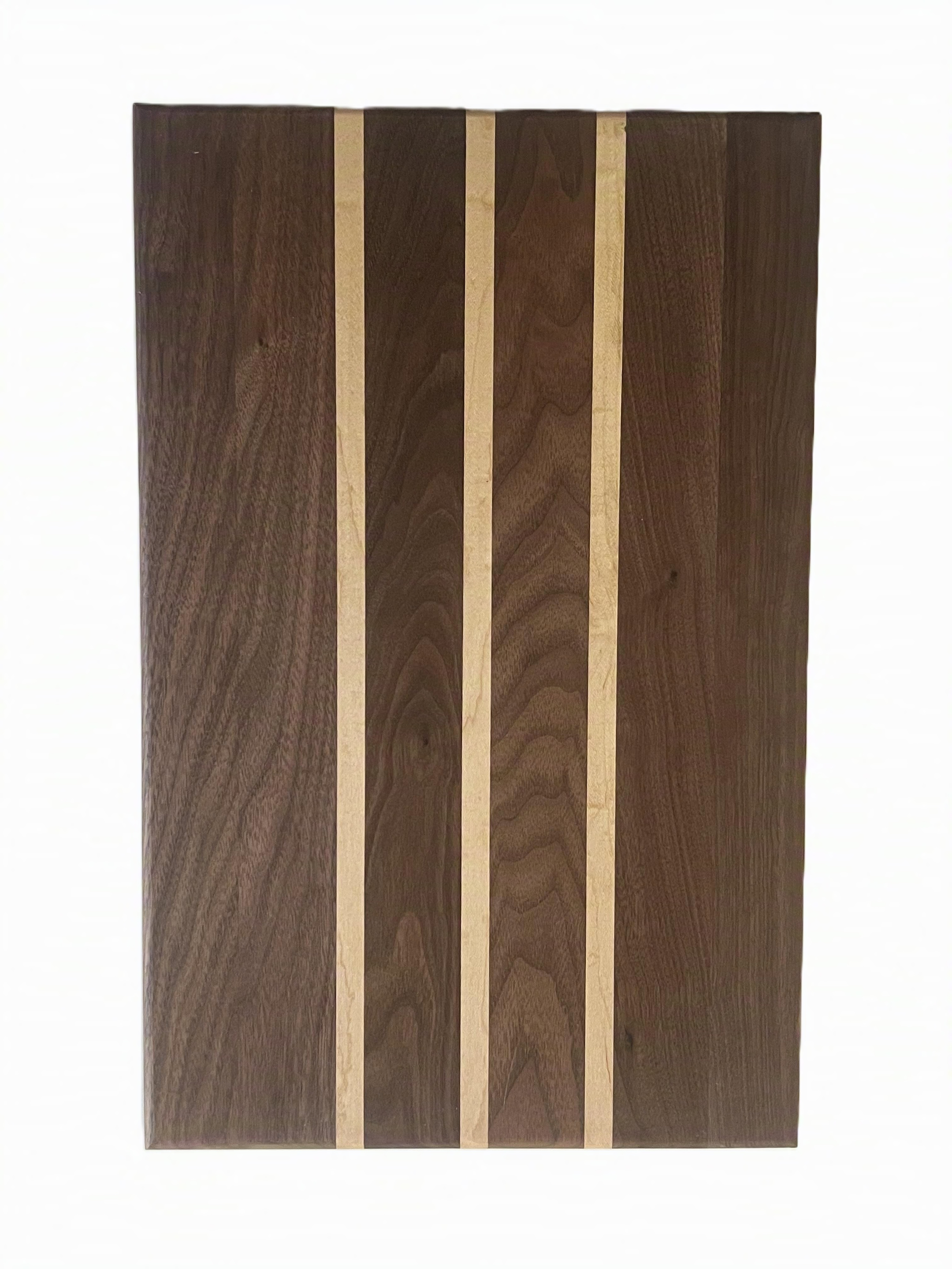 A rectangular cutting board comprised of walnut and maple.  The size is approximately 3/4" x 12" x 18".  Custom sizes are available. 