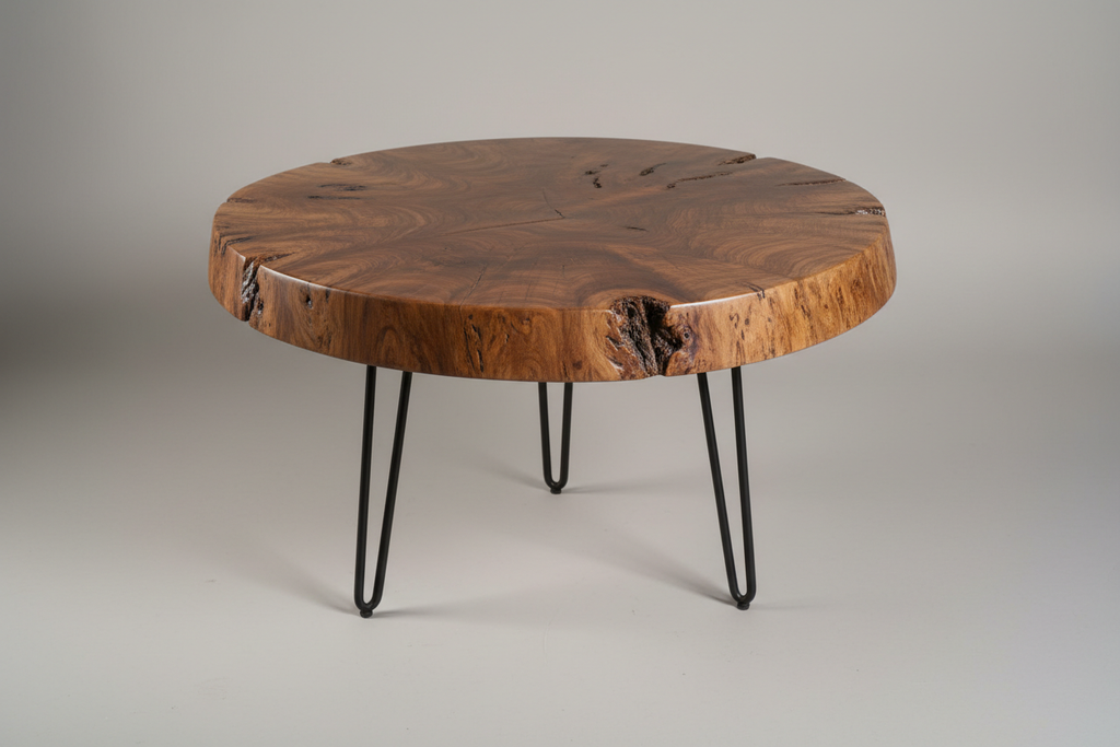Handcrafted round walnut timber slice coffee table on hairpin metal legs