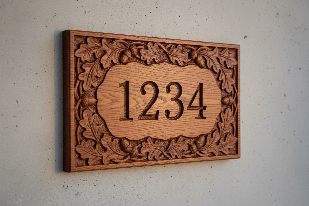 Handcrafted red oak wooden address sign with carved house numbers and decorative border