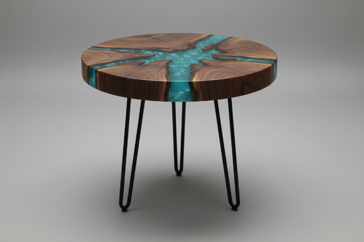 Handcrafted round walnut timber slice end table with turquoise resin infill on hairpin metal legs
